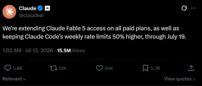 一夜之間,AI額度集體“回血”!Fable 5再延7天,Codex取消5小時限制